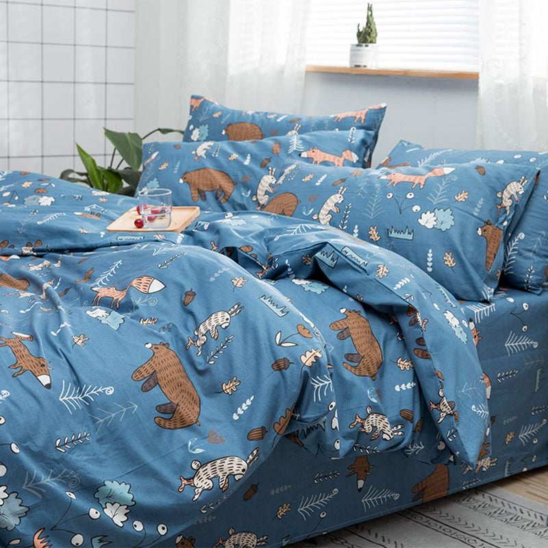 CLOTHKNOW Kids Twin Duvet Cover Sets 3Pcs Blue Animal Bedding Sets Cartoon Woodland Theme Bedding Duvet Cover Sets with 2 x Pillow Cases - Image 2